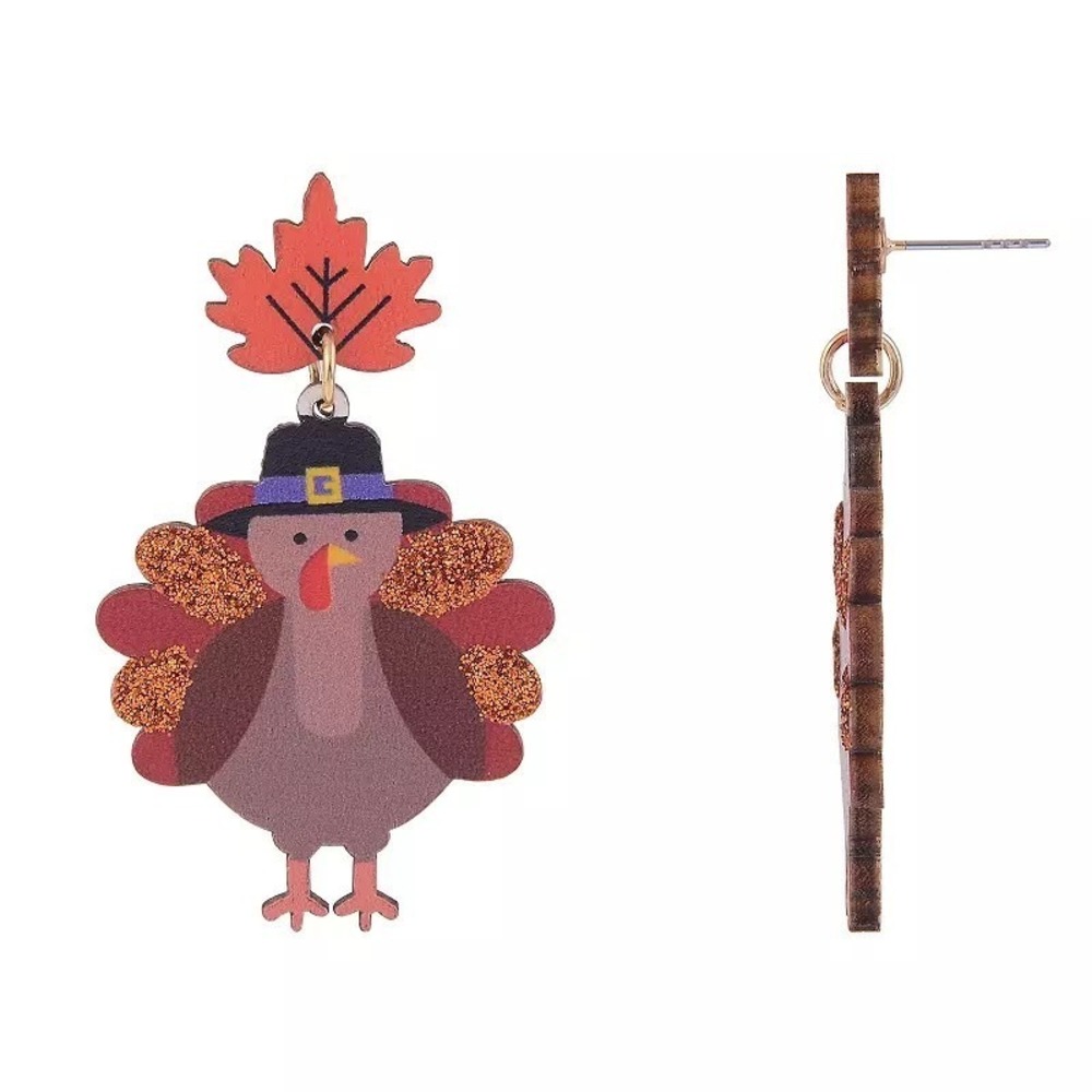 Thanksgiving Turkey Leaf Drop Earrings Pilgrim Hat Copper Glitter Brown OS